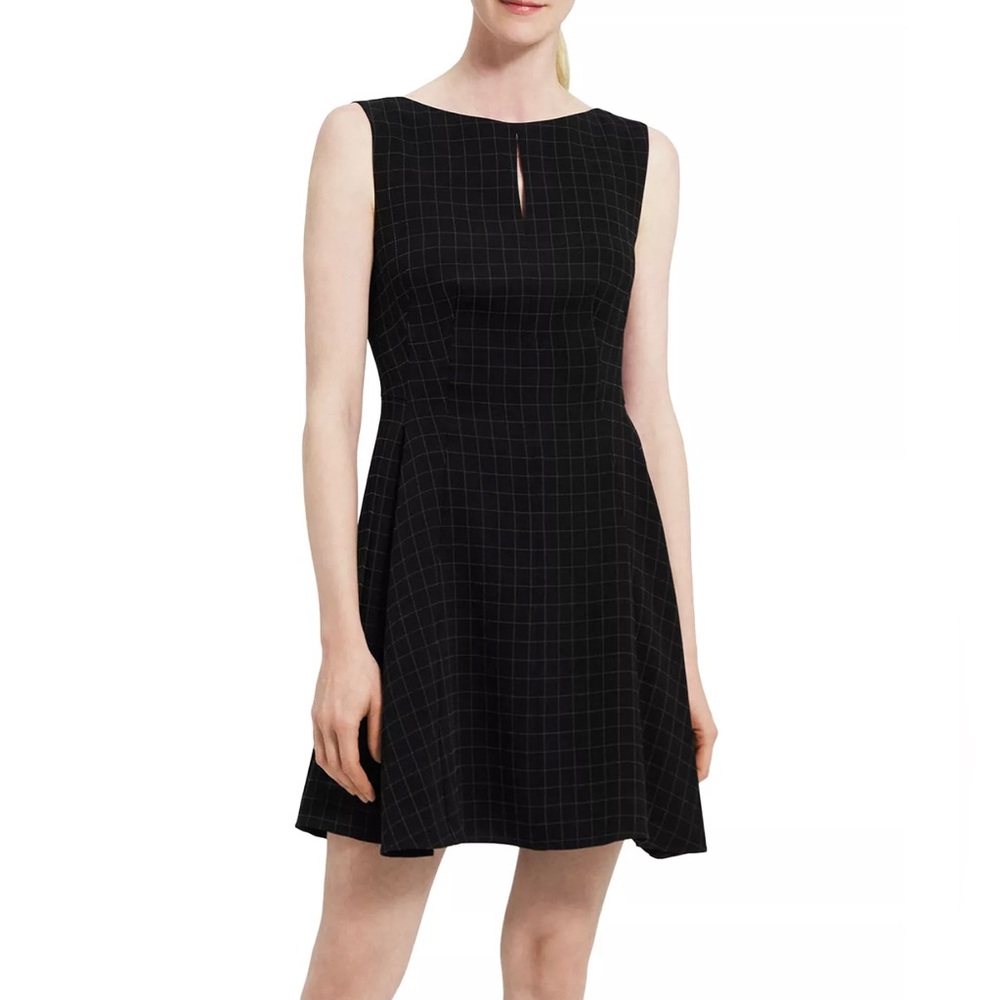 NWT  Theory Women's Black Check Print Split Neck Mini Dress Size 0 $395